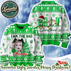 Billie Eilish I Am A Bad Santa White And Green Holiday Christmas Xmas Ugly Christmas Sweater 2025