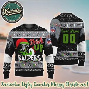 Custom Name Las Vegas Raiders Drink Up The Grinch NFL Personalized Christmas 2025 Holiday Ugly Christmas Sweater