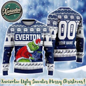 EPL Everton x Grinch Custome Name And Number 2025 Knitted Ugly Christmas Sweater