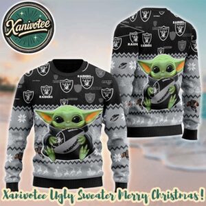 Las Vegas Raiders x Baby Yoda Hug The Ball NFL Personalized Christmas 2025 Holiday Ugly Christmas Sweater