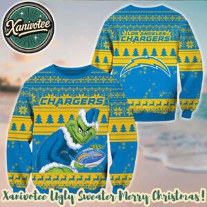 Los Angeles Chargers Football With Grinch NFL Ugly Christmas Sweater Gift For Holiday 2025