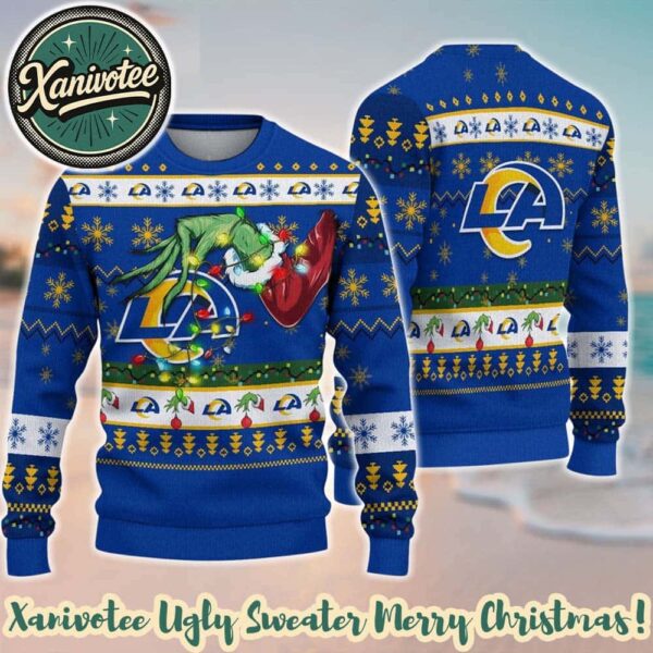 Los Angeles Rams NFL With Special Grinchs Hand Football Christmas 2025 Trendy Ugly Sweater For Holiday Season