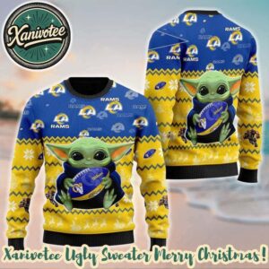 Los Angeles Rams X Baby Yoda Hug The Ball Personalized Christmas 2025 Holiday Ugly Christmas Sweater