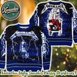 Metallica Ride The Lightning Santa Skeleton Gift For Fan 2025 Knitted Ugly Christmas Sweater