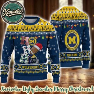 Michigan Wolverines HO HO HO NCAA Custome Name And Number 2025 Knitted Ugly Christmas Sweater