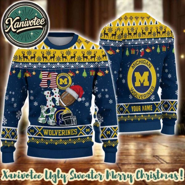 Michigan Wolverines HO HO HO NCAA Custome Name And Number 2025 Knitted Ugly Christmas Sweater