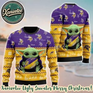 Minnesota Vikings NFL x Baby Yoda Hug The Ball Christmas 2025 Trendy Ugly Sweater For Holiday Season