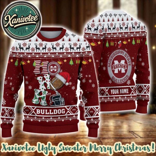 Mississippi State Bulldogs HO HO HO NCAA Custome Name And Number 2025 Knitted Ugly Christmas Sweater