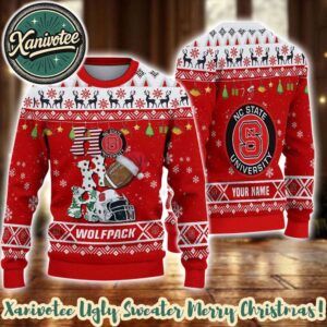 NC State Wolfpack HO HO HO NCAA Custome Name And Number 2025 Knitted Ugly Christmas Sweater