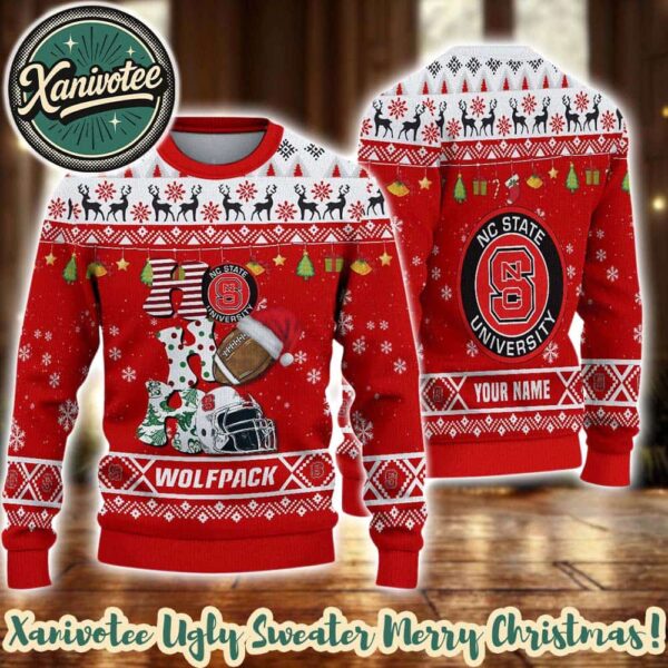 NC State Wolfpack HO HO HO NCAA Custome Name And Number 2025 Knitted Ugly Christmas Sweater