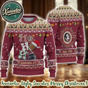 NCAA Florida State Seminoles HO HO HO Ugly Rugby Helmet Personalized Christmas 2025 Holiday Ugly Christmas Sweater