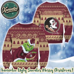 NCAA Florida State Seminoles With Grinch 2025 Personalized Christmas Ugly Christmas Sweater Gift For Men And Women