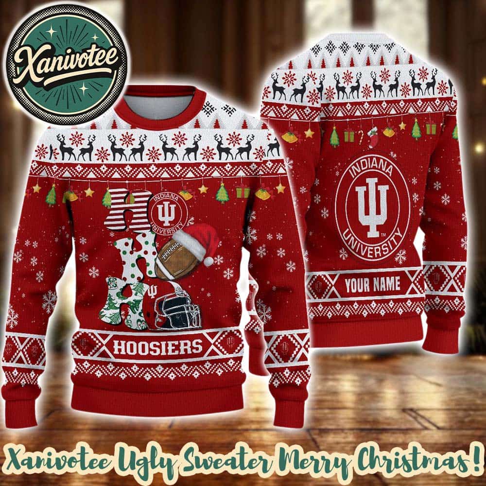 NCAA Indiana Hoosiers HO HO HO Rugby Helmet Personalized Christmas 2025 Holiday Ugly Christmas Sweater NCAA Indiana Hoosiers HO HO HO Rugby Helmet Personalized Christmas 2025 Holiday Ugly Christmas Sweater