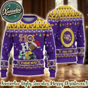 NCAA LSU Tigers HO HO HO Rugby Helmet Personalized Christmas 2025 Holiday Ugly Christmas Sweater
