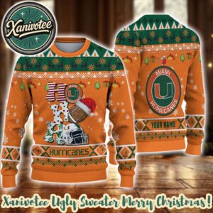 NCAA Miami Hurricanes HO HO HO Rugby Helmet Personalized Christmas 2025 Holiday Ugly Christmas Sweater