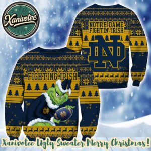 NCAA Notre Dame Fighting Irish x Grinch Gift For Fan 2025 Knitted Ugly Christmas Sweater