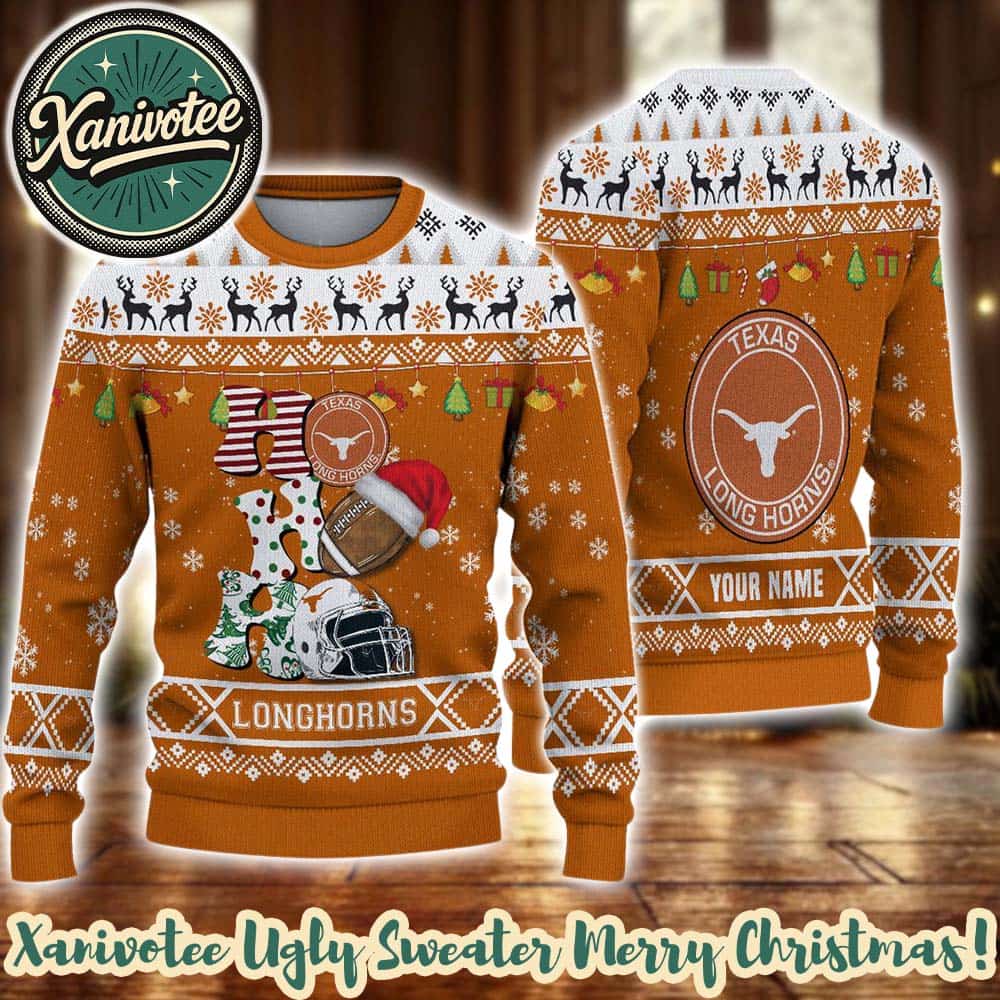 NCAA Texas Longhorns HO HO HO Christmas 2025 Custom Ugly Christmas Sweater Gift NCAA Texas Longhorns HO HO HO Christmas 2025 Custom Ugly Christmas Sweater Gift