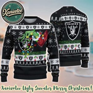 NFL Las Vegas Raiders Special Grinchs Hand Football 2025 Personalized Christmas Ugly Christmas Sweater Gift For Men And Women