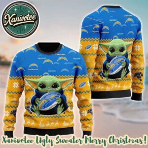 NFL Los Angeles Chargers Baby Yoda Hug The Ball Personalized Christmas 2025 Holiday Ugly Christmas Sweater