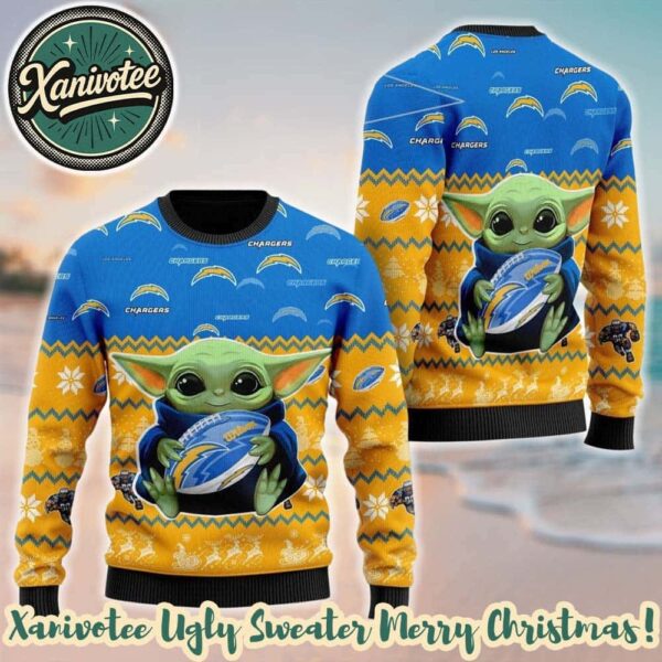 NFL Los Angeles Chargers Baby Yoda Hug The Ball Personalized Christmas 2025 Holiday Ugly Christmas Sweater