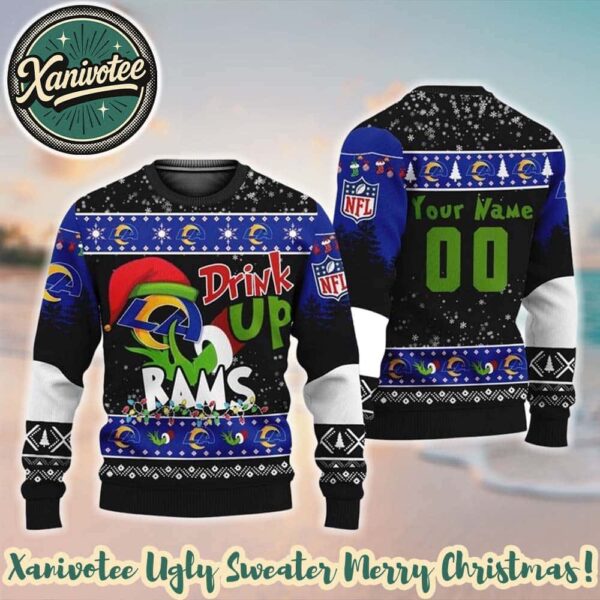 NFL Los Angeles Rams Drink Up The Grinch Personalized Name Ugly Christmas Sweater 2025 Holiday Gift