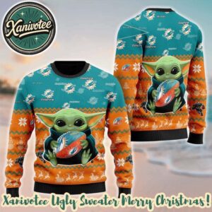 NFL Miami Dolphins x Baby Yoda Hug The Ball Personalized Knitted Ugly Christmas Sweater Holiday 2025