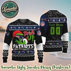 NFL New England Patriots Drink Up The Grinch Personalized Knitted Ugly Christmas Sweater Holiday 2025