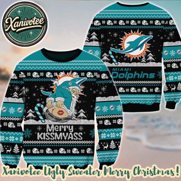 NFL Ugly Miami Dolphins x Santa Claus Merrykissmyass Funny Cute Ugly Christmas Sweater Gift 2025