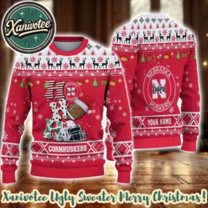 Nebraska Cornhuskers HO HO HO NCAA Custome Name And Number 2025 Knitted Ugly Christmas Sweater