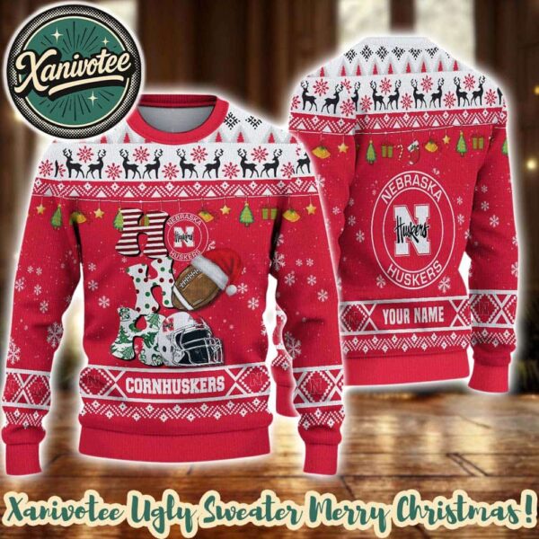 Nebraska Cornhuskers HO HO HO NCAA Custome Name And Number 2025 Knitted Ugly Christmas Sweater