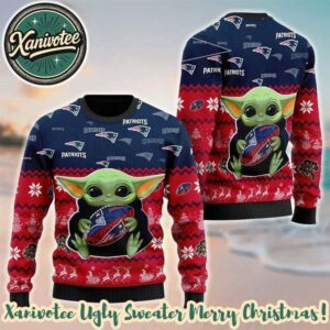 New England Patriots NFL x Baby Yoda Hug The Ball Christmas Merry Christmas 2025 Holiday Ugly Sweater