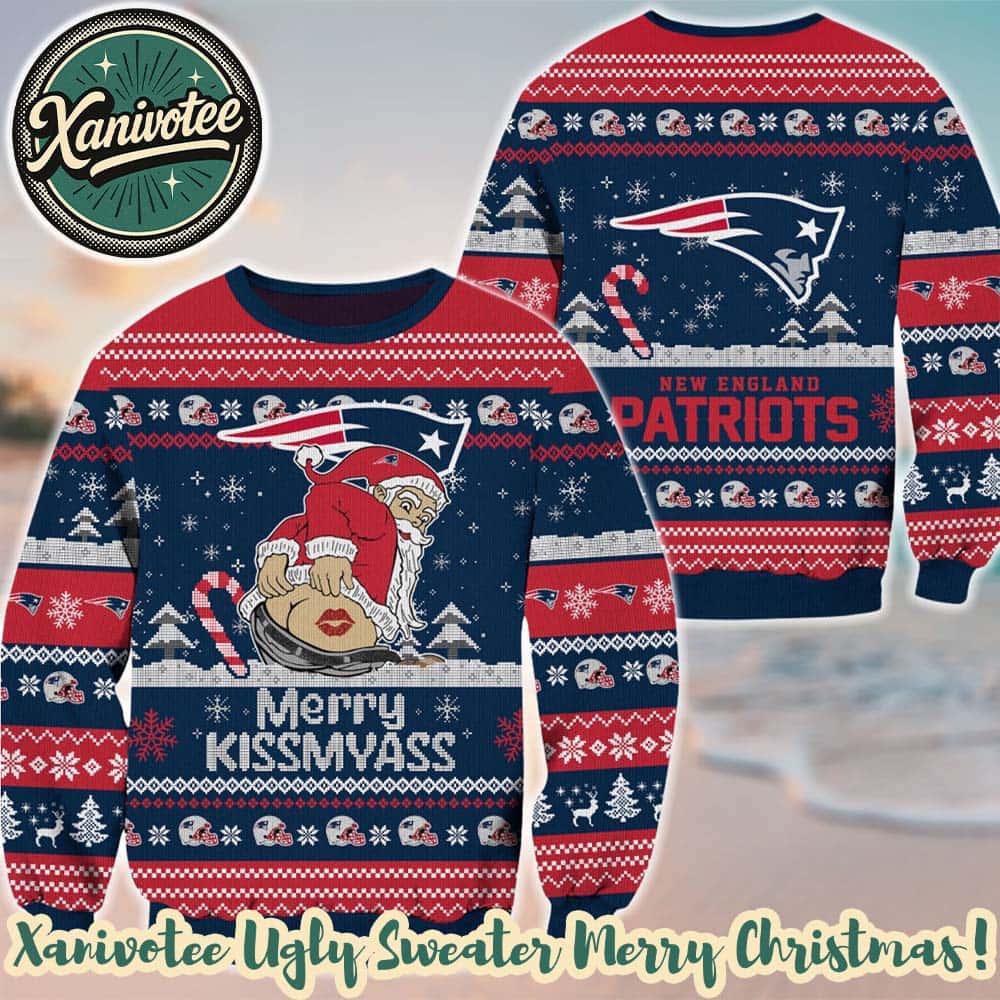 New England Patriots x Santa Claus Merrykissmyass Funny 2025 Knitted Personalized Ugly Christmas Sweater Gift New England Patriots x Santa Claus Merrykissmyass Funny 2025 Knitted Personalized Ugly Christmas Sweater Gift