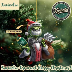 New York Jets x Jack Skellington The Grinch NFL Custom Name Xmas 2025 Holiday Ornament