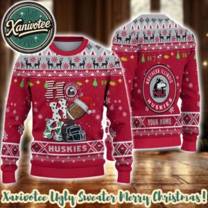 Northern Illinois Huskies HO HO HO NCAA Custome Name And Number 2025 Knitted Ugly Christmas Sweater
