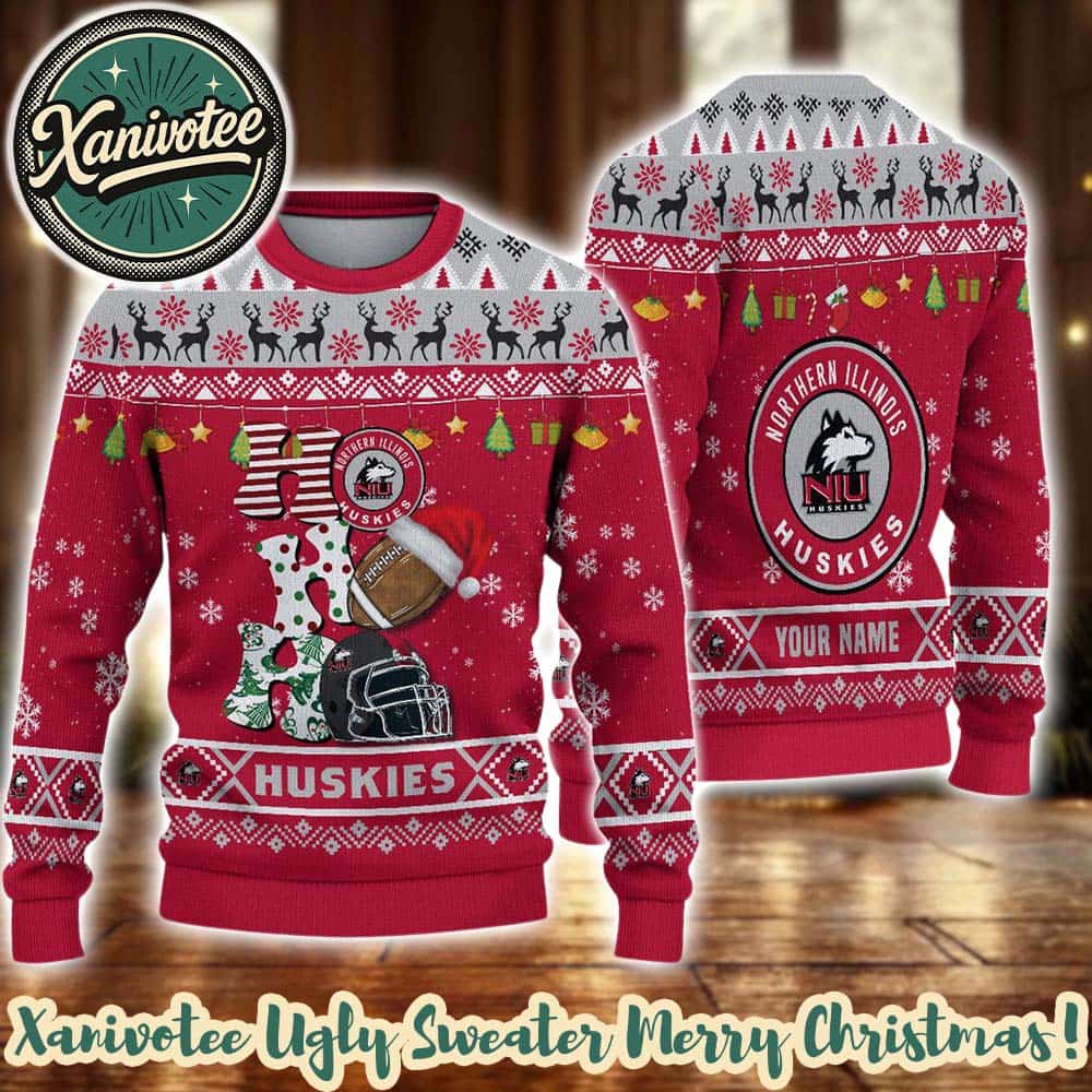 Northern Illinois Huskies HO HO HO NCAA Custome Name And Number 2025 Knitted Ugly Christmas Sweater Northern Illinois Huskies HO HO HO NCAA Custome Name And Number 2025 Knitted Ugly Christmas Sweater