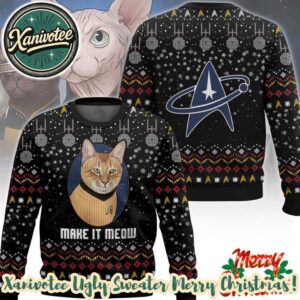 Star Trek Captain Cat Make It Meow Star Trek Star Trek Custome Name And Number Knitted Ugly Christmas Sweater
