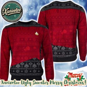 Star Trek Halls Pattern Black And Red Background 2025 Personalized Christmas Ugly Christmas Sweater Gift For Men And Women