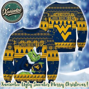 West Virginia Mountaineers x NCAA Grinch Holiday Christmas Xmas Ugly Christmas Sweater 2025